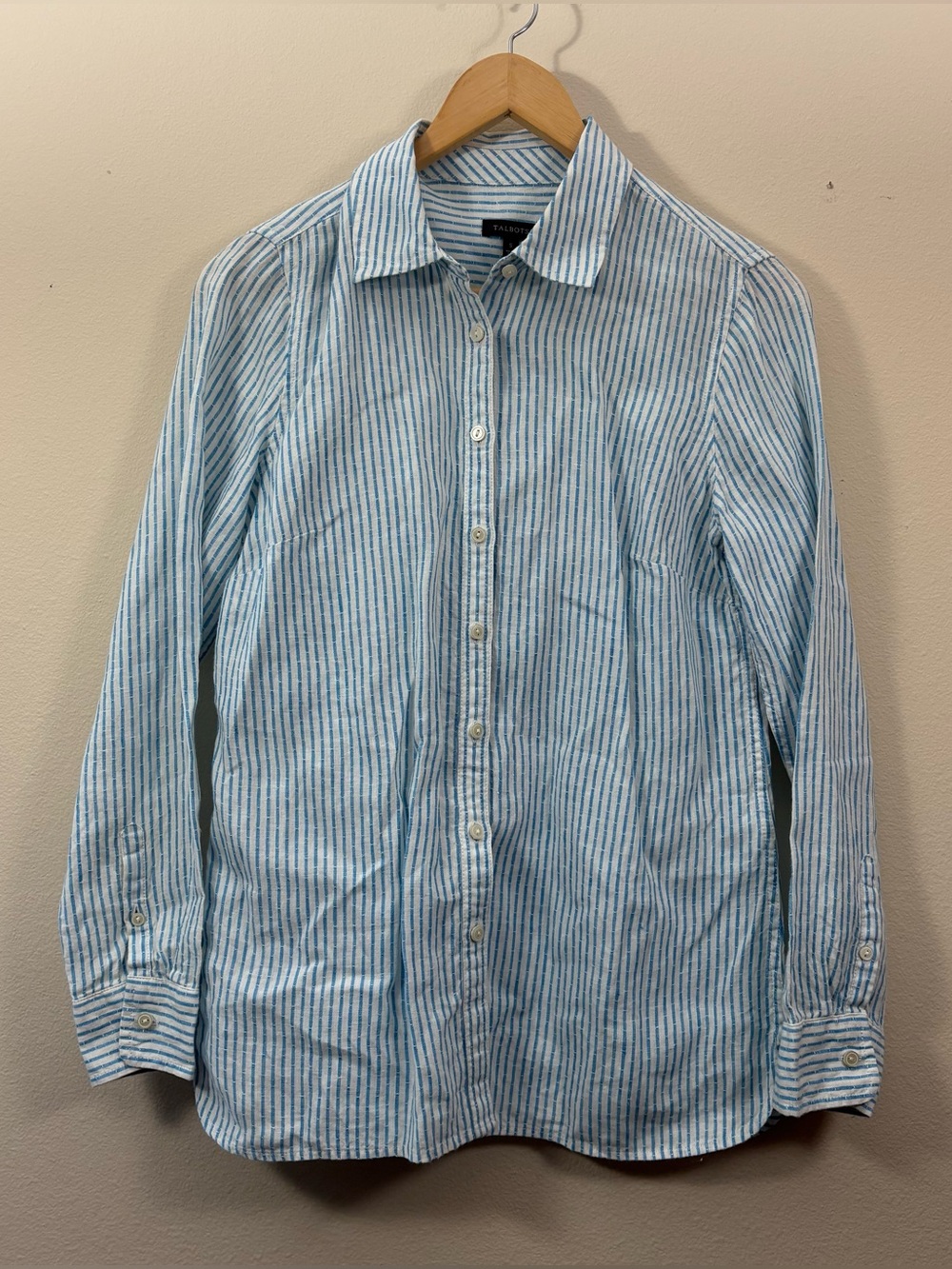 Talbots Button Up Shirt Blue White 100% Linen Striped Long Sleeves Summer S